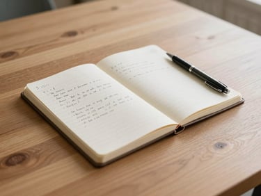 A notebook with handwritten calculations and a pen lying on a clean wooden table, soft daylight, 35mm