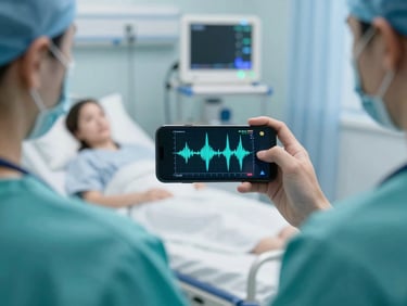 Over-the-shoulder shot of a clinician in teal scrubs viewing a real-time wave graph on a smartphone, with a blurred hospital bed and multipara monitor in the background, cool clinical daylight.