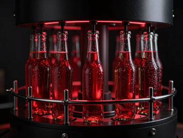 Sleek automated bottling line with premium glass bottles, dramatic low-key lighting with red accents, sharp reflections, 85mm