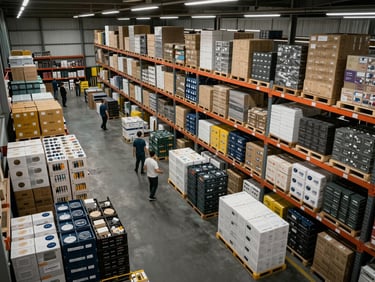 Overhead view of specialty goods storage area in a warehouse, varied product types in labeled containers and crates on organized shelving, workers visible in background, strong overhead fluorescent lighting