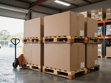 Wide shot of a warehouse receiving dock, pallets of boxed industrial goods stacked two-high under bright fluorescent lighting, a hand-truck loaded with cartons visible in the foreground, shelving units with labeled inventory in the background, neutral daylight spilling through a loading bay door on the left