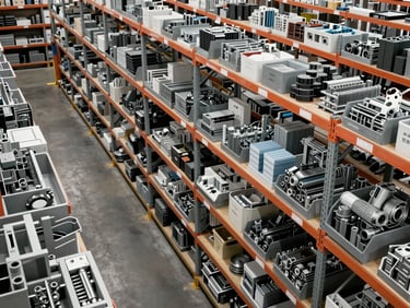 Overhead view of industrial shelving rows in a warehouse, metal components and hardware supplies in organized bins, bright fluorescent lighting, high-volume storage visible across the full frame