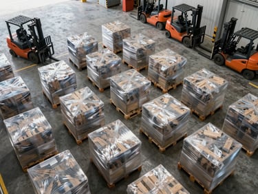 Wide overhead view of a logistics staging area, multiple pallets wrapped in clear stretch film arranged in a grid pattern on a concrete warehouse floor, forklifts parked along the perimeter, bright even fluorescent lighting from above, organized and systematic arrangement conveying operational discipline
