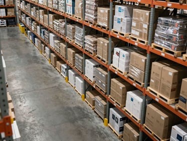 Overhead view of a warehouse section stocked with office and commercial goods in uniform cartons on wide metal shelves, organized rows extending into depth, neutral warehouse fluorescent lighting