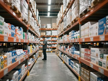 Medium-wide shot of organized warehouse shelving displaying packaged consumer products sorted by category, rows of uniform product boxes with clear labeling, neutral fluorescent overhead lighting, an operations worker scanning inventory in the mid-distance, depth of shelving receding into background