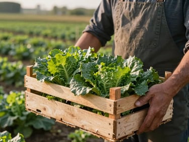 Hands of a grower holding a wooden crate of dark leafy greens in a sunlit field, soft focus background of the farm, natural low-key lighting.