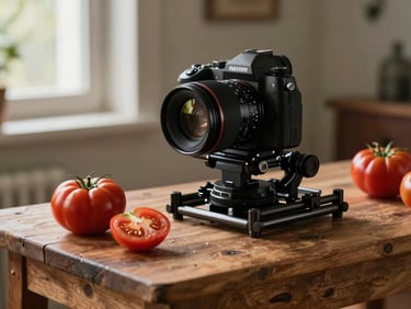 A camera rig set up on a rustic wooden prep table, focusing on fresh heirloom tomatoes with soft window light from the side.