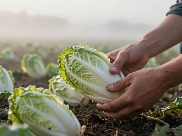 A close-up photograph of hands harvesting fresh heirloom chicory in a misty morning field, soft Scandinavian daylight, soil details visible on fingers, low horizon.