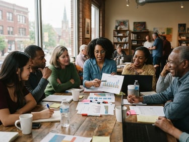 Naturally lit community workshop in Indianapolis, researchers and local organizers discussing data charts around a wooden table, honest editorial style, 35mm lens