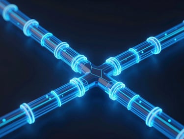 Abstract 3D render of glowing data pipelines and network nodes, electric blue and neon cyan luminescence, deep shadows