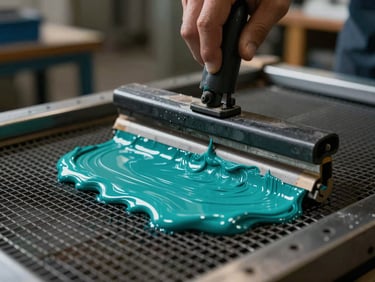 Extreme close-up of thick electric teal screen-printing ink being swept across a dark metallic mesh frame by a squeegee, dramatic directional lighting, industrial workshop background.