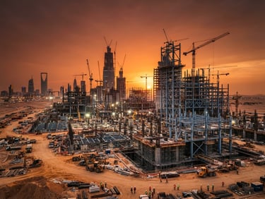 Wide environmental shot of a massive industrial construction site in Riyadh at golden hour, steel framework rising against a deep desert sky, high-contrast warm sand and cool steel tones