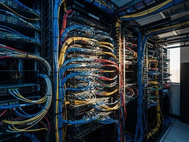 Close-up of complex server rack cabling under cool blue industrial lighting, high-contrast steel tones, wide-angle lens