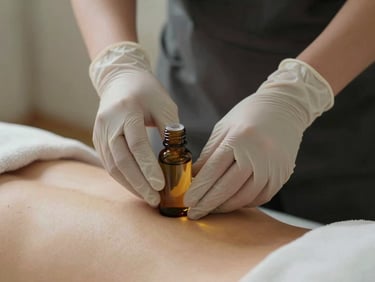 Close-up of a practitioner's hands in clean clinical gloves applying organic herbal oil to a client's back in a minimalist, serene setting.