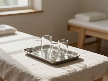 A minimalist, sunlit therapy room with light oak accents. On a clean linen-covered table, pristine single-use glass cups sit in a sterile steel tray under soft, natural north-facing daylight.