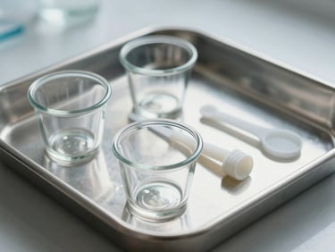 Macro shot of single-use sterile glass cups and silicone tools arranged on a pristine stainless steel tray, soft diffused daylight, clinical precision focus.