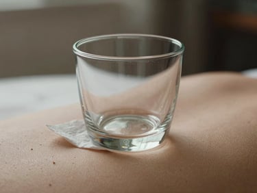 Macro shot of a single round glass cup placed on clean skin, showing the gentle lift of the tissue under soft, diffused natural light.