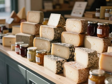 A modern artisanal food market counter with neatly stacked local cheeses and jars of preserves, soft morning light, clean editorial framing.