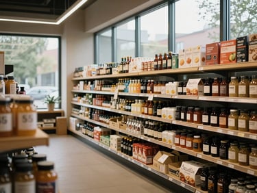 Wide environmental shot of a modern Scandinavian-style grocery co-op, natural light streaming through large windows, curated wooden shelves, 35mm film.