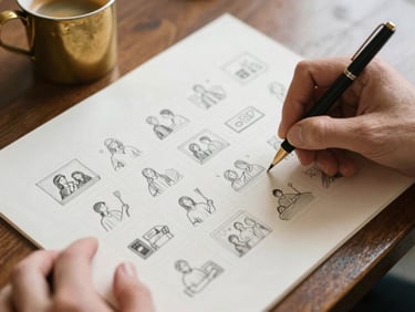Hands sketching a social media grid layout on crisp parchment paper next to a brass espresso cup, soft daylight, warm editorial style, 35mm film.