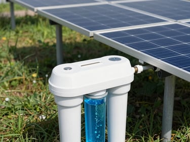 Close-up of a modern water filtration unit connected to a solar panel array, crisp clean details, vibrant blue water, high contrast, bright natural daylight.