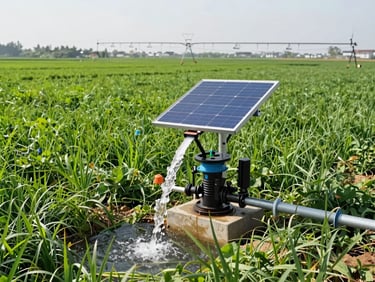 Wide shot of a solar-powered irrigation pump system in a lush agricultural field, clean water flowing, bright natural daylight, high contrast, vibrant greens.