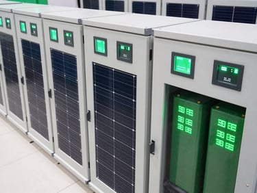 Top-down detailed shot of a solar microgrid control panel and battery storage units, clean modern design, high-tech neon-green data highlights, bright natural daylight, crisp clean details.