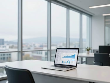 A clean Pacific Northwest office workspace with large glass windows, financial charts visible on a sleek laptop screen, high-key lighting.