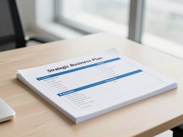 Top-down view of a strategic business plan document on a light wood desk, soft overcast window light, professional setting, 35mm lens.