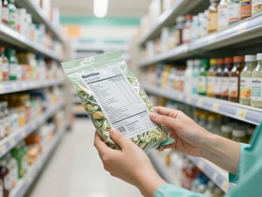 Hands holding a clean food package while reading the nutrition facts label in a bright supermarket aisle, natural light