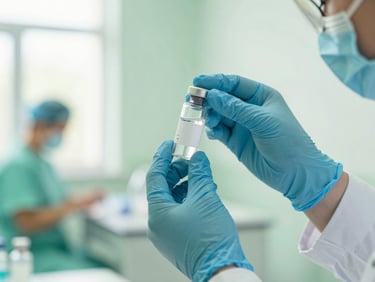 A health worker preparing a vaccine vial in a clean, brightly lit community clinic, soft focus, professional medical setting