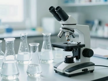 A clean laboratory setup with a microscope and scientific glass flasks filled with clear water, soft daylight, clinical teal tone