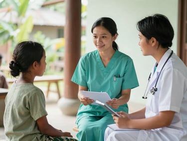 A professional health worker explaining health guidelines to a rural family in Indonesia, warm natural light, authentic community setting