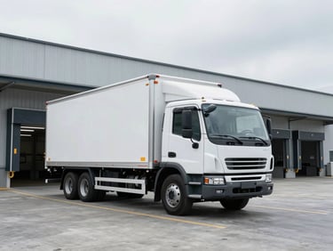 Crisp industrial photography, wide shot of a commercial delivery truck at a modern concrete loading dock, industrial warehouse exterior, cool overcast sky, 35mm