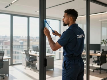 Wide shot, bright daylight. A professional male cleaning technician of mixed-race heritage with a neat goatee, seen from a sharp back-three-quarters angle, wearing a custom dark blue uniform with the brand name Zantria clearly printed on the back. He is meticulously cleaning a glass partition in a modern, sunlit Parisian office with minimalist furniture.
