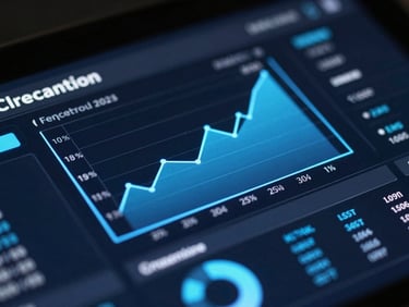 Macro close-up of a dark financial dashboard UI with glowing electric blue charts, sharp borders, and clean typography.