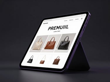 Angled device mockup of a premium minimalist e-commerce store displaying luxury products under low-key studio lighting with purple edge-glow.