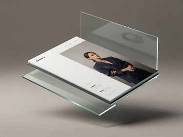 High-fidelity 3D render of a minimalist agency portfolio landing page, floating glassmorphic panels, refined glowing borders.