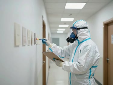 Wide environmental interior shot of a commercial building hallway being inspected — an inspector in full protective suit and respirator marks a numbered sample location on a wall, clipboard and sample kit visible, neutral fluorescent overhead lighting, clinical and procedural atmosphere