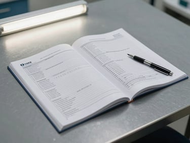 Wide shot of a multi-page asbestos inspection report spread open on a steel-gray table, pen resting beside it, overhead neutral fluorescent light, clean clinical composition