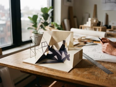 Architectural studio space with soft diffused daylight, abstract geometric shadows on textured paper, muted earth tones with deep indigo shadows, 35mm.