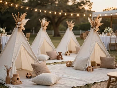 Boho-chic children's play area with canvas teepees, neutral linen pillows, dried flowers, and wooden toys under warm outdoor wedding lighting