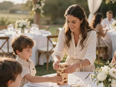 A professional children's coordinator smiling warmly, helping a child build a wooden block tower at a beautifully styled outdoor reception