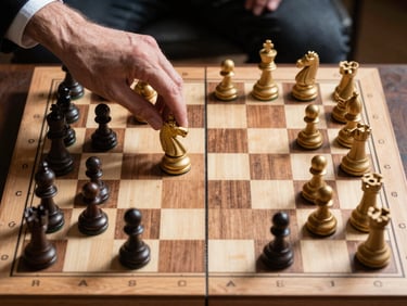 A top-down landscape view of a wooden chess board during an intense tournament match, a hand hovering over a golden knight piece, sharp shadows across the board.