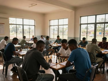 Wide environmental shot of a sunlit training room in Bulawayo, students clustered around a chess board and taking notes, high-contrast natural light streaming through large windows, focused and academic atmosphere.
