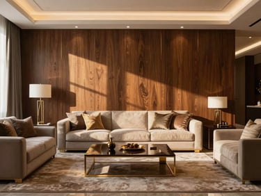 Complete home renovation showcase, open-plan Indian luxury living room, custom wooden wall paneling, dramatic shadows, 35mm