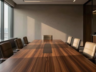 Straight-on architectural perspective of a luxury board room, custom wood veneer table, minimalist leather chairs, soft window light, 35mm