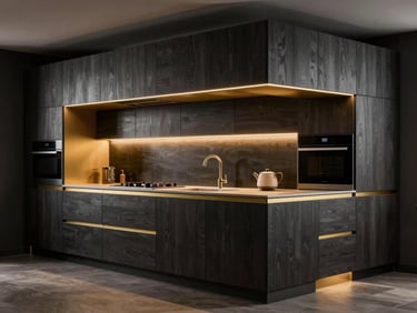 Luxury modern kitchen with integrated modular systems, warm gold accents on dark charcoal wood, architectural lighting, sharp focus, 35mm