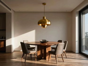 Straight-on architectural shot of a luxury penthouse dining room, custom walnut dining table, brass pendant light, dramatic shadows, 35mm