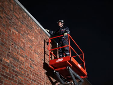 Professional technician on a hydraulic lift reaching high altitude brick wall, wearing complete protective suit, dramatic focus, high contrast, dark sky background, sharp technical photography
